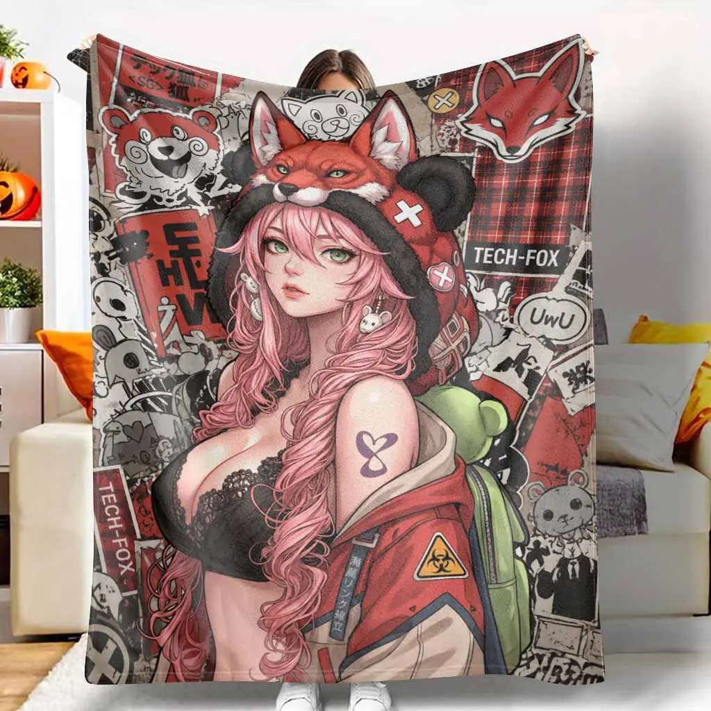 Anime Tech Fox Graffiti Print Flannel Throw Blanket, Soft Cozy Lightweight Warm Plush, for Sofa Bed, Birthday Holiday Gift, Lounge Decor