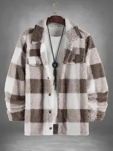 Men Plaid Print Button Front Fuzzy Lounge Jacket Casual Long Sleeve Collared Outerwear Fall Winter Sleepwear Daily Fitted 2026