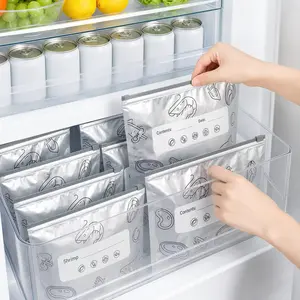 MeToMe Refrigerated Food 2026 New Reusable Aluminum Foil Storage Bags, Stand Up Vacuum Zipper Pouches with Label & Zip Lock, Resealable Sealable Bags for Vegetables, Fruits, Meat Refrigerator Kitchen Storage