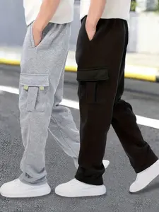2pcs Boys Teenagers Casual Loose Outdoor Fashion Sports Training Side Pockets Fleece Knitted Warm Thick Straight Spring Autumn Winter Pants Size 8-16 Y