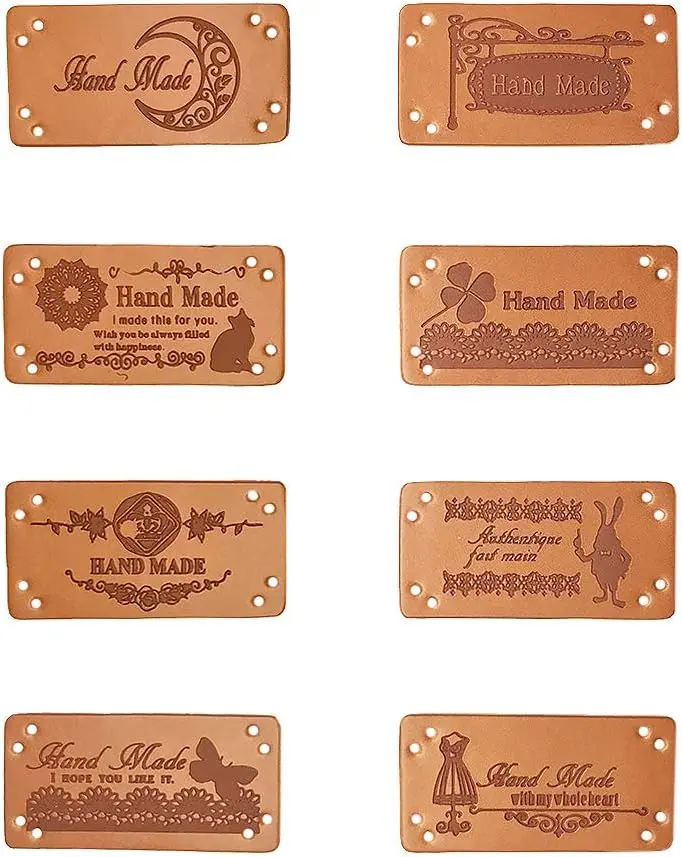 Hand Made PU Leather Embossed Clothes Tags (40 Pcs) - 2*4cm Sewing Craft Accessory with Holes, 5 Pcs per Type Various Designs for Jeans, Bags