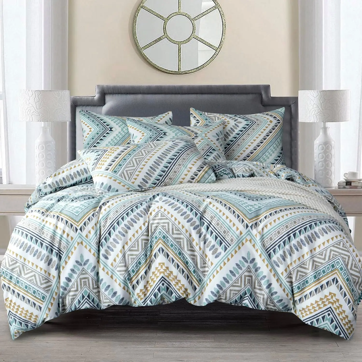 Queen Size Bohemian Cotton Duvet Cover Set - 100% Cotton, Modern Bedding, Smooth Texture, Durable Geometric Print, Breathable Cooling Yellow-White-Green Boho Ethnic Explorer Design, Closure, 4 Corner Ties, Machine Washable