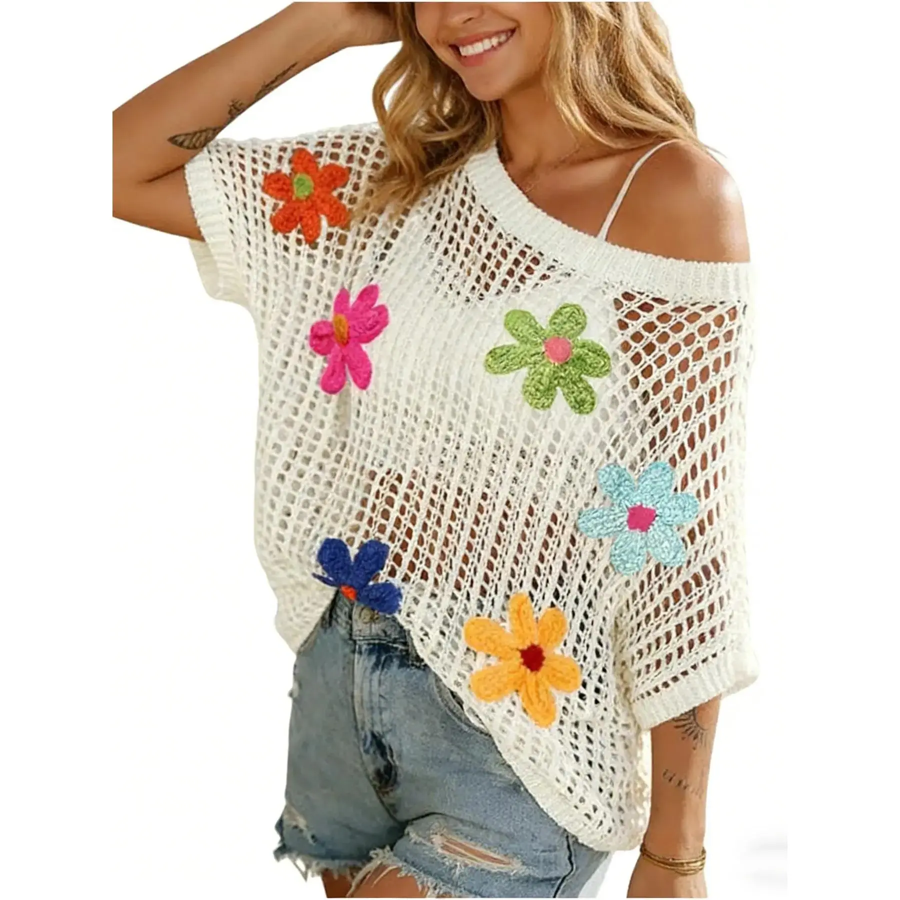 Women's Summer Crochet Knit Shirt Floral Short Sleeve Pullover Boho Style Loose Fit Beach Cover Up Tunic Tops Trendy Y2K Vacation Outfits, Casual, Classy, Breathable, Ethereal, Contemporary, On The Go