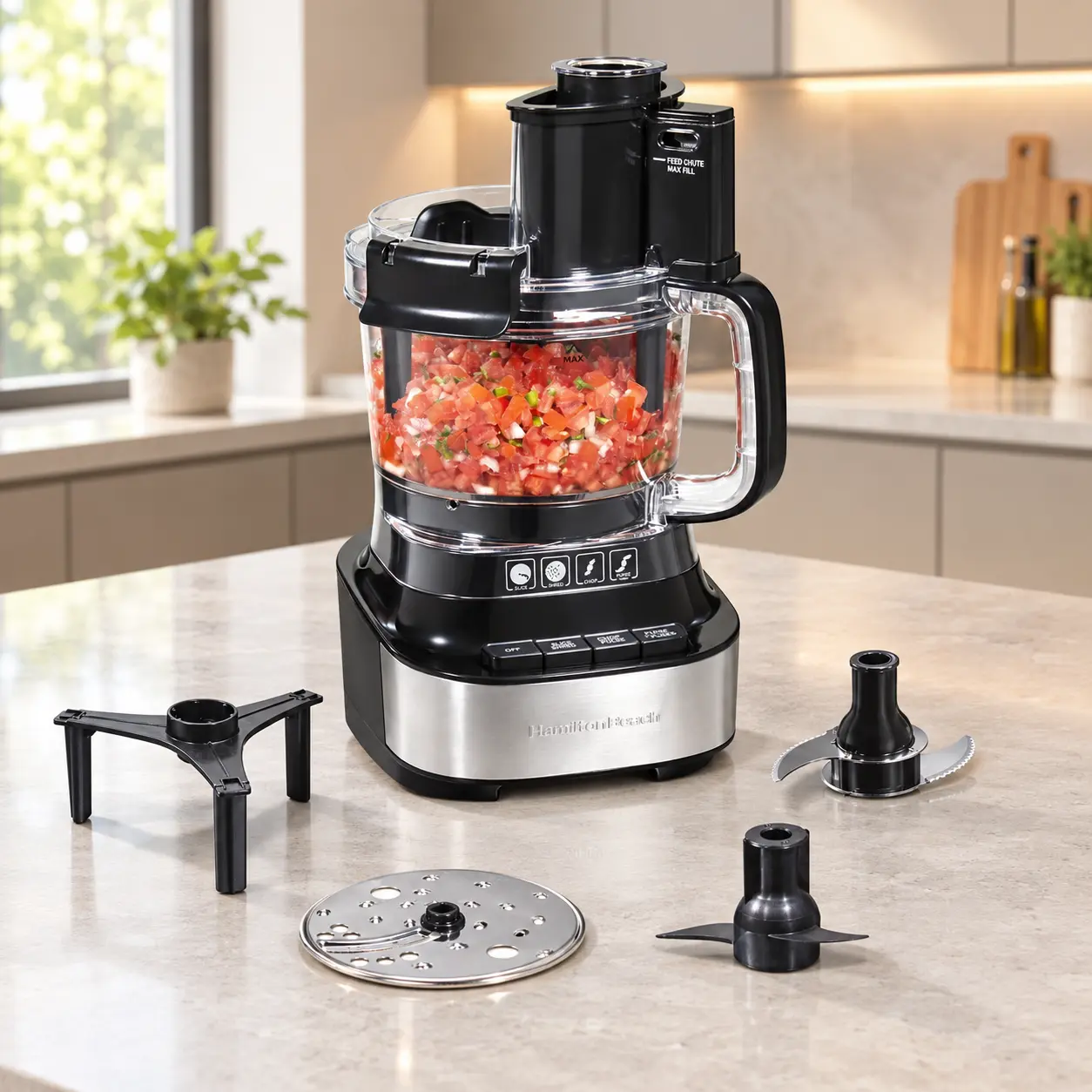 Hamilton Beach Stack & Snap 10-Cup Food Processor, 500 W, 2-Speed with Pulse, Extra-Large Chute and Bowl Scraper, Black