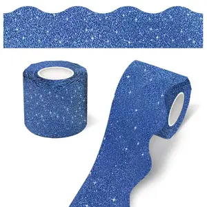 70Ft Vibrant Glitter Finish Scalloped Edge Bulletin Board Border, Eco-Paper Peel-Stick Blue Trim Roll, Cuttable for Classroom & Office Supplies