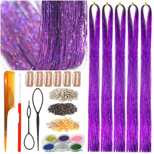 Purple Tinsel hair Heat Resistant Violet Lavender Fairy Hair Tinsel Extensions 48 Inch 5 count Very Cute Easy to Use for  Girls(48 Inch Pack of 5 count, Deep Purple)
