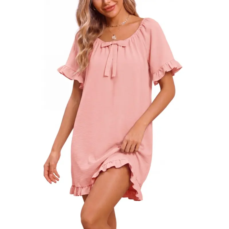 Women's Ruffle Sleeve Nightgown, Feminine Polyester Sleep Shirt with Bow Collar for Summer, Lounging, and Maternity