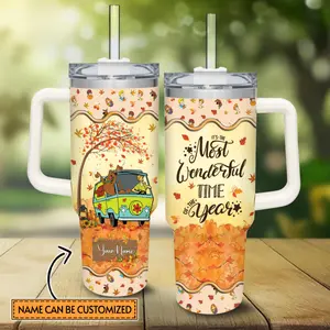 Personalized Custom Name Scooby Doo Autumn Fall Leaves Tumbler 20oz-40oz Stainless Steel, Double Wall Insulated, With Handle & Straw – Funny Gift for Scooby Doo Lovers & Fans