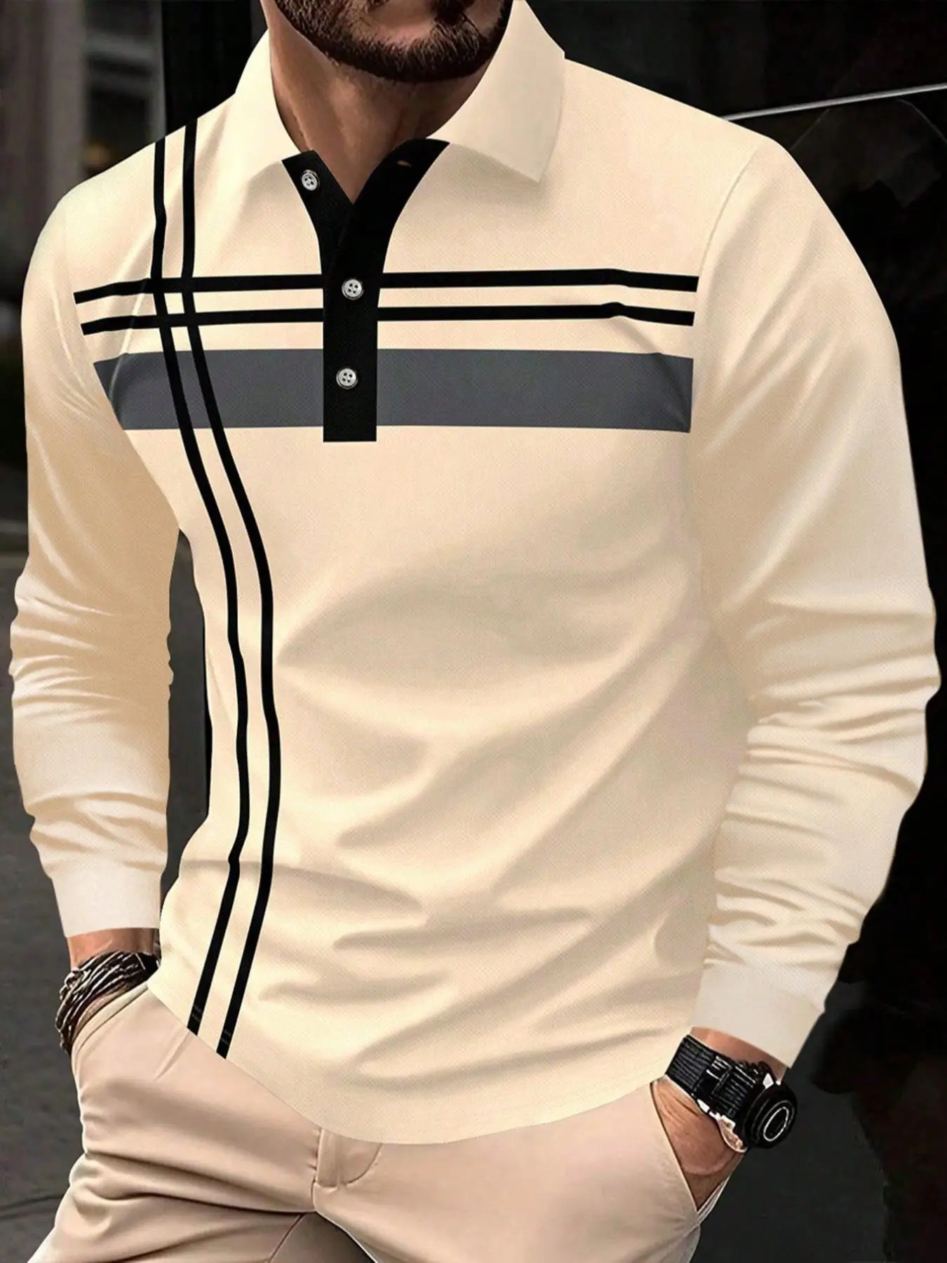 Men's Striped Print Button Front Polo Shirt, Regular Fit Casual Long Sleeve Collared Top for Spring & Fall, Fashion Men's Clothes for Daily Wear