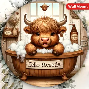 1pc Rustic Farmhouse Bathroom Decor - 7.8" Round Aluminum Sign with Charming Highland Cow in Bathtub, 'Hello Sweetie' Design - Vintage Wall Art for Home, Bedroom, Porch - Ideal Holiday Gift, Bathroom Wall Decor Ornaments Decoration Artistic Print Photo