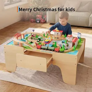 84-Piece Wooden Train Table for Toddlers, Multi-Purpose Activity Playset with Reversible Top, Built-in Storage Drawer, Train Tracks and Natural Finish, Multi-Purpose Playset