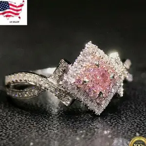 Gorgeous Women Wedding Jewelry Pink Simulated Sapphire Silver Plated Ring 6-10