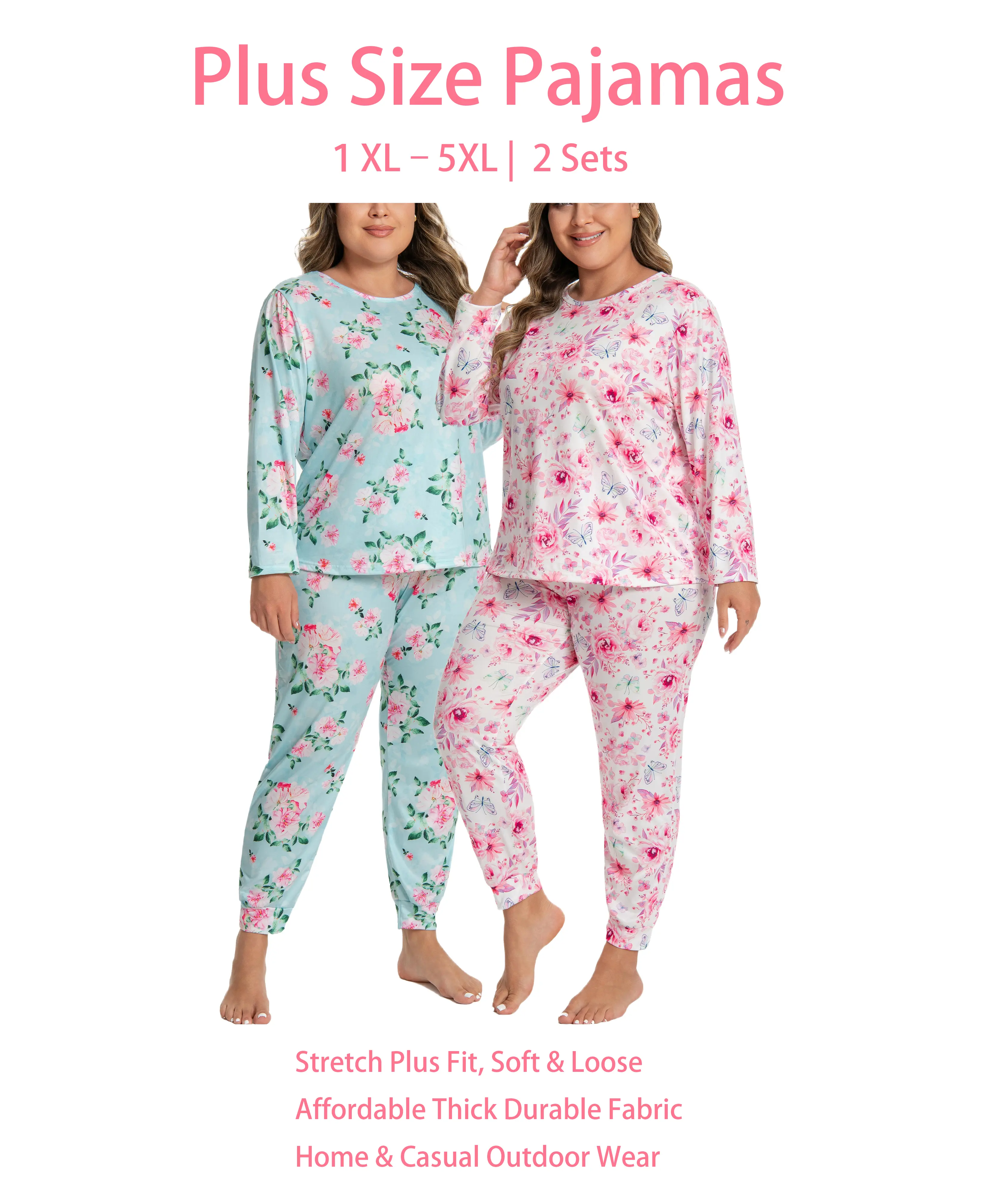 Plus Size 1XL-5XL Women's 2-sets Pajama Set | Long-Sleeve Top & Full-Length Pants  | Soft Breathable Loungewear