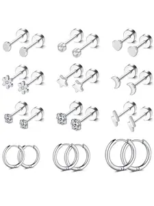 Star & Heart Shaped Flat Pierced Earring Set, Stainless Steel Screw Back Earrings, Fashion Jewelry for Party, Daily Clothing Decor, Trendy All-match & Exquisite Jewelry for Birthday Gift