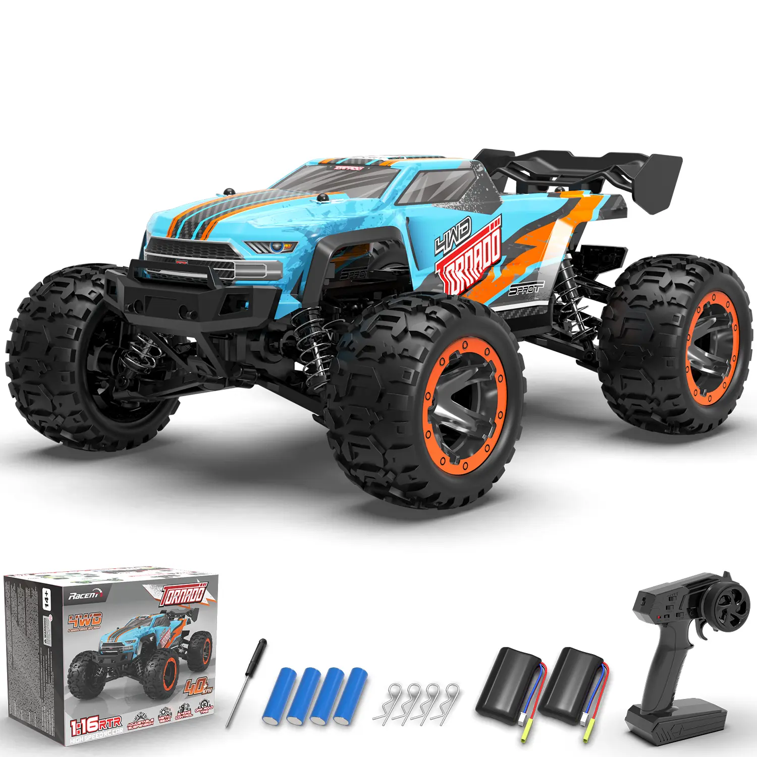RACENT 1:16 4WD Off-Road RC Monster Truck - 30 mph (40KPH) Electric No-Delay 2.4Ghz Remote Control Car, 2x7.4V 850mAh Batteries, Strong Shockproof Resistance, 20-30 Minutes Run Time, Gift for Kids