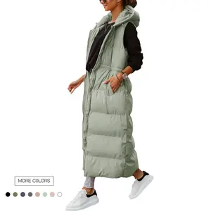Women’s long quilted hooded vest; extra-long sleeveless down vest with padding; winter casual jacket top