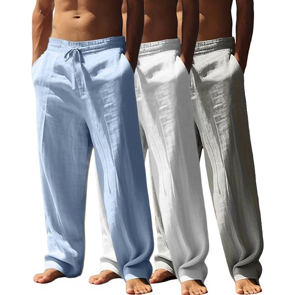 3-Pack Men’s Solid Color Linen Straight-Leg Pants – Comfortable for Everyday Wear, Suitable for All Seasons, Casual Loose Fit, Casual Relaxed Fit