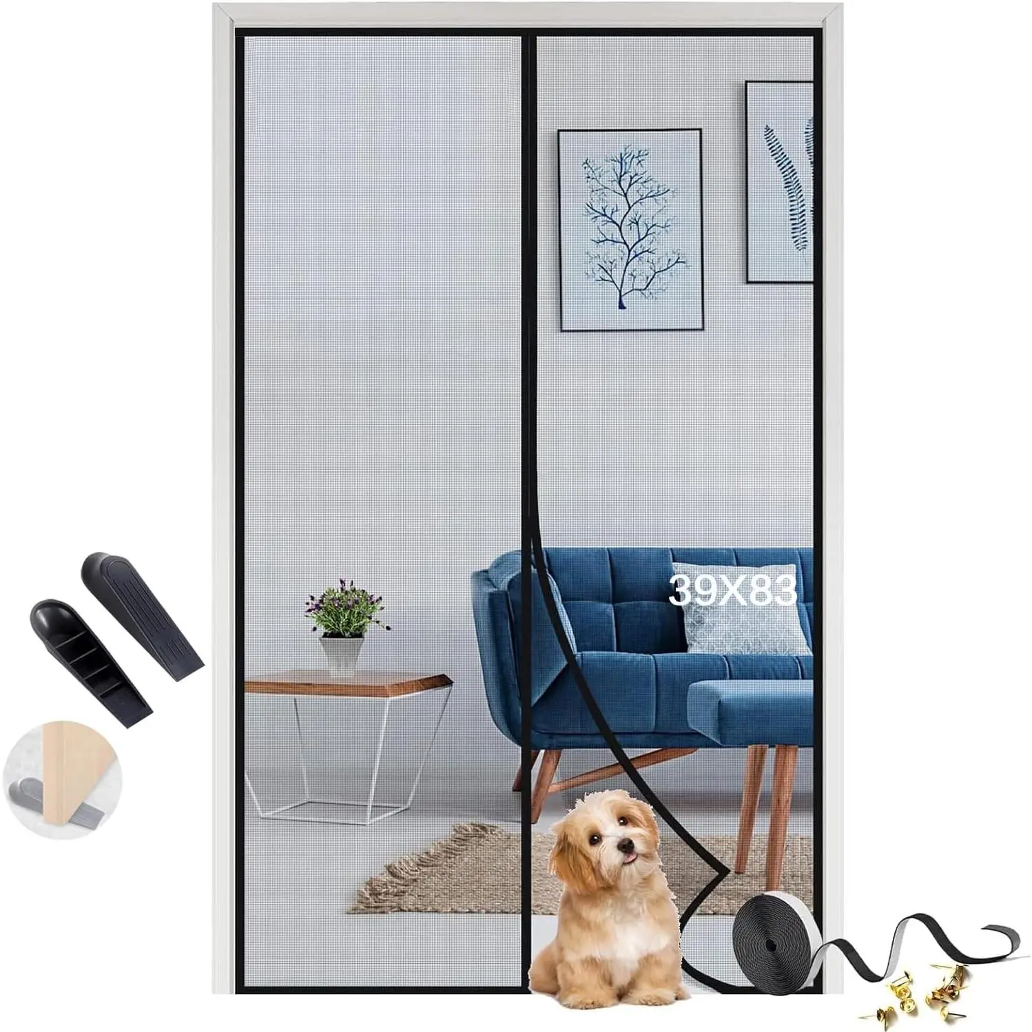 Black Modern Fiberglass Bug-Proof Magnetic Home Screen, 39x83 in Fits 38x82 in Doors, Hook-and-Loop Closure, 2 Rubber Door Stoppers, Includes Cr, Thumbtack, Stickies