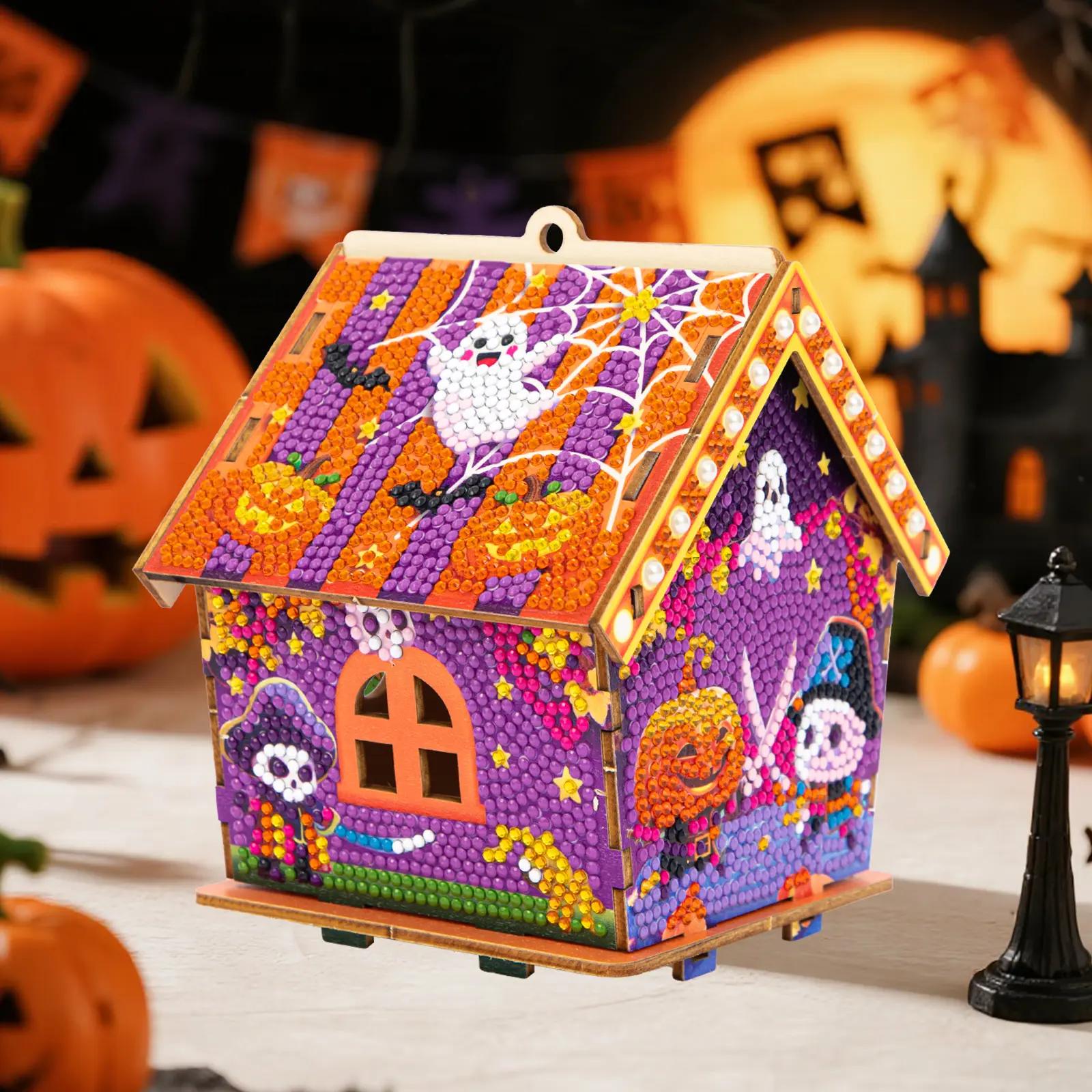 [Buy 1 Get a Free Gift] Halloween Haunted House Diamond Painting Kit, Easy-to-Assemble DIY Craft Making Kit, Miniature Shiny Crystal Wooden Base Decor, Spooky Table Centerpiece, Fun Activity with Endless Creative Possibilities, Diy Craft Supplies