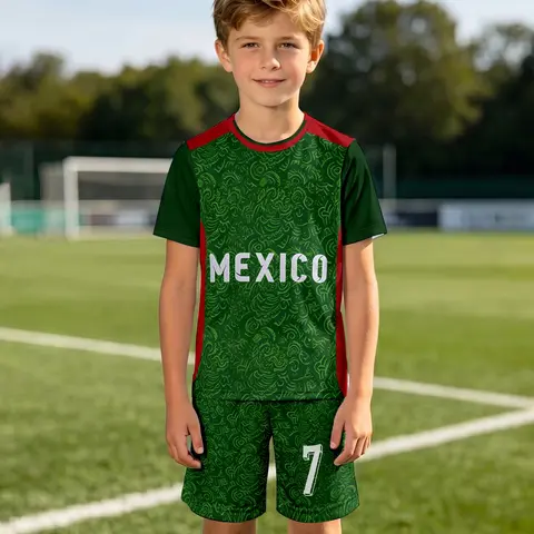 Boys' Mexican Style Soccer Set, Mexico Short Sleeve Breathable Printed Shorts Two-Piece Set, Breathable Outdoor Sports Wear, Birthday Gift, Festival Gift