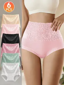 QUASTI 6 Piece Women's High-waist Shapewear Briefs, Lace Style Cotton Comfortable & Breathable Underwear, Hip Lifting Underwear Fashion Design, Suitable for Women's Daily Life Summerwins