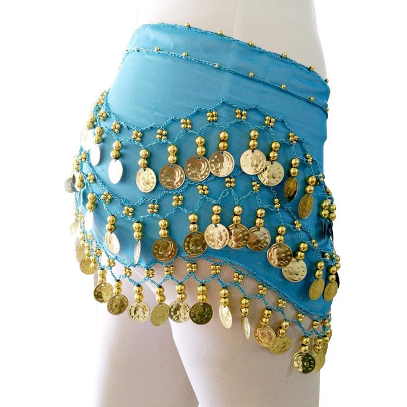 Women 3 Rows 128 Gold Coins Belly Dance Costume Hip Scarf Skirt Belt Wrap Waist Chain