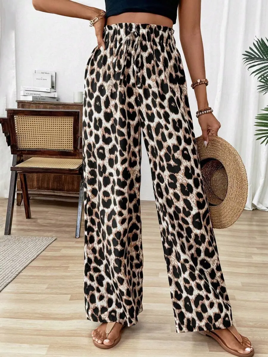 Women's Leopard Print High Waist Wide Leg Pants, Boho Beach Vacation Holiday Casual Chic Trousers ,Petite Women