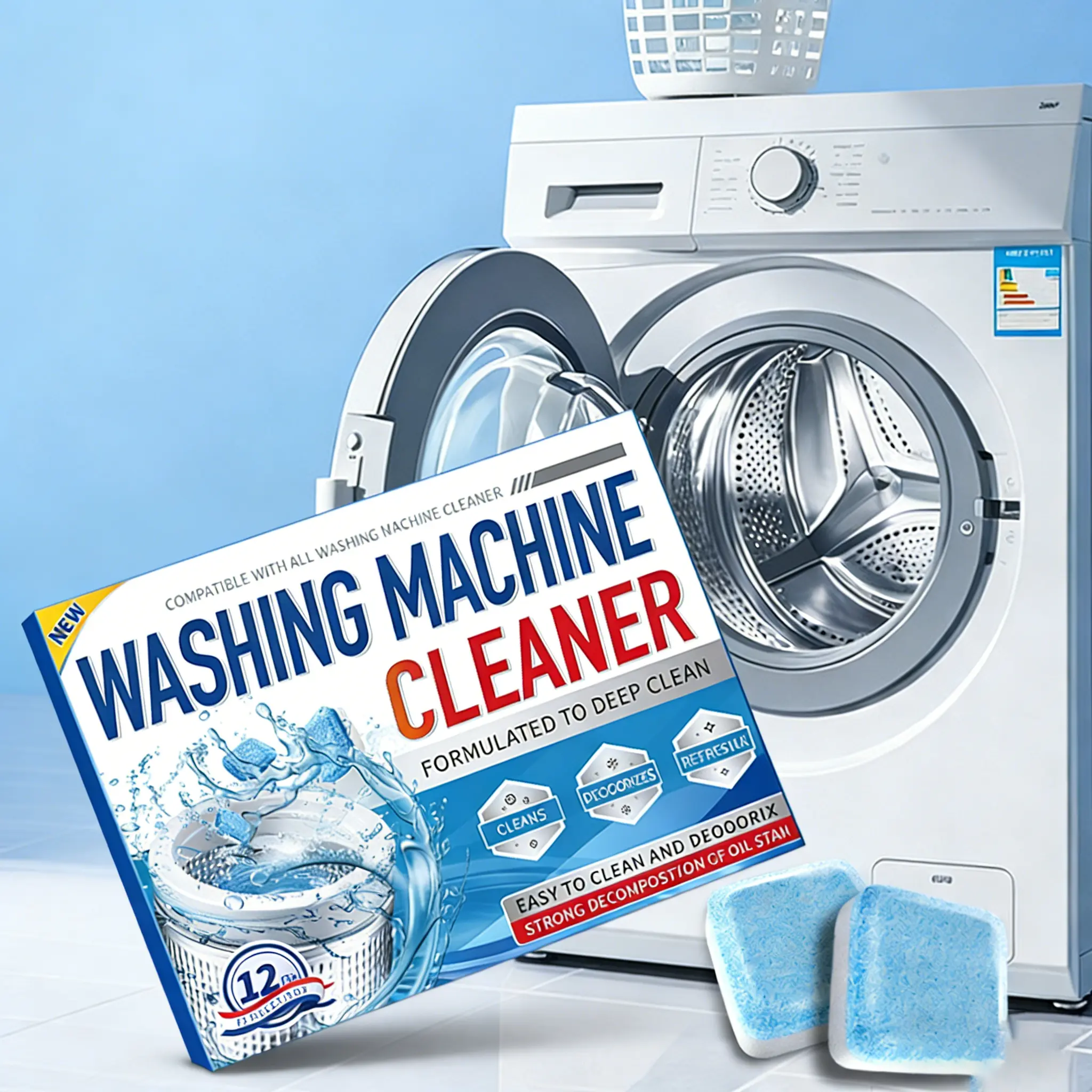 Washing Machine Cleaner Descaler 12 Pack - Deep Cleaning Tablets For HE Front Loader & Top Load Washer, Septic Safe Eco-Friendly Deodorizer, Clean Inside Drum And Laundry Tub Seal - 12 Month Supply