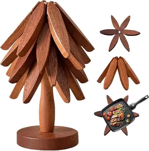 Wooden Trivets for Hot Dishes - Tree Shape Kitchen Trivet Set with 3 Trivets & 1 Stand - Tableware for Pot, Bowl, Teapot & Hot Pot