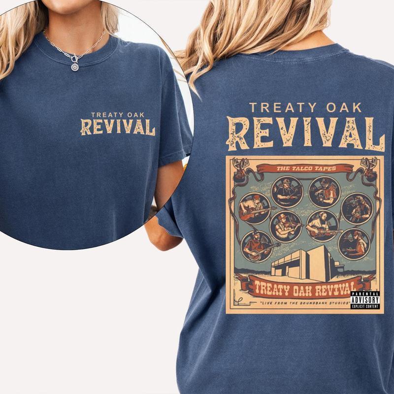 Treaty 0ak Revival Band 2 Sided Graphic Tee Ring Spun Cotton Casual Soft Washed T-Shirt Trendy Tops Perfect Gift