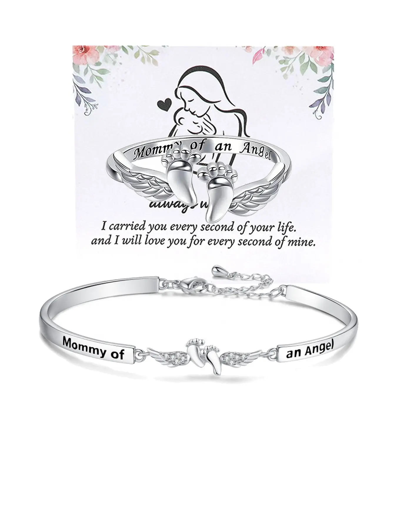 Mother's Day "Angel Mom" Bracelet, Miscarriage Memorial Ring, Infinity Bangle, Heart Bracelet, "Angel Baby" Commemorative Bracelet, Featuring Angel Wings and Footprints, A Gift for Moms, Stainless Steel Bangles