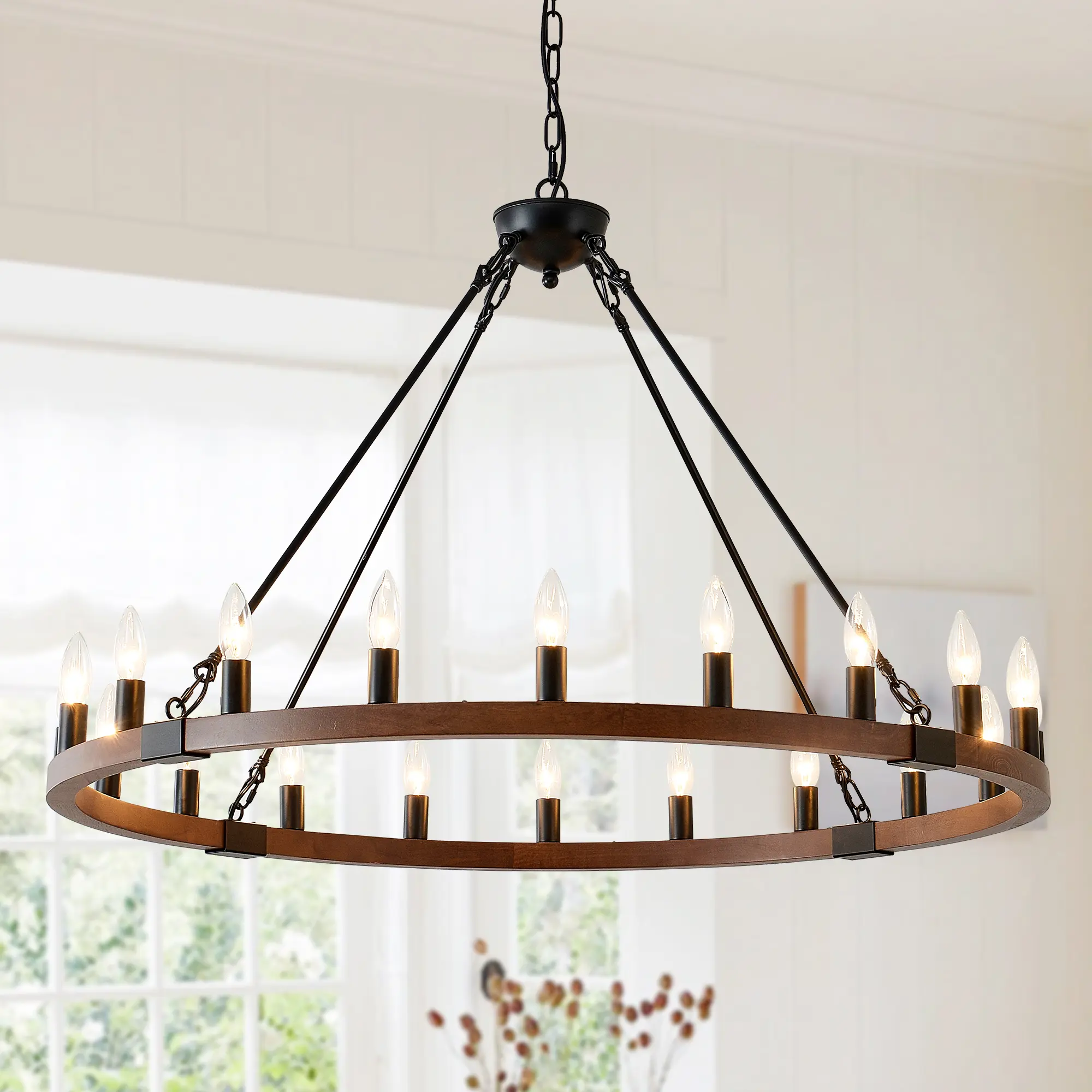 20-Light Wagon Wheel Farmhouse Modern Matte Black & Wood Chandelier Light Fixture, Adjustable Hanging Ceiling Light for Dining Room Kitchen