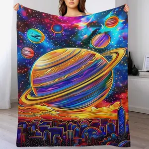 Neon Psychedelic Saturn City Fleece Blanket, Trippy Colorful Galaxy Planet Throw Blanket, Soft Flannel Cyberpunk Space Blanket for Bed Couch, Unique Sci-Fi Gift for Space Lovers, Vibrant Nebula Room Decor