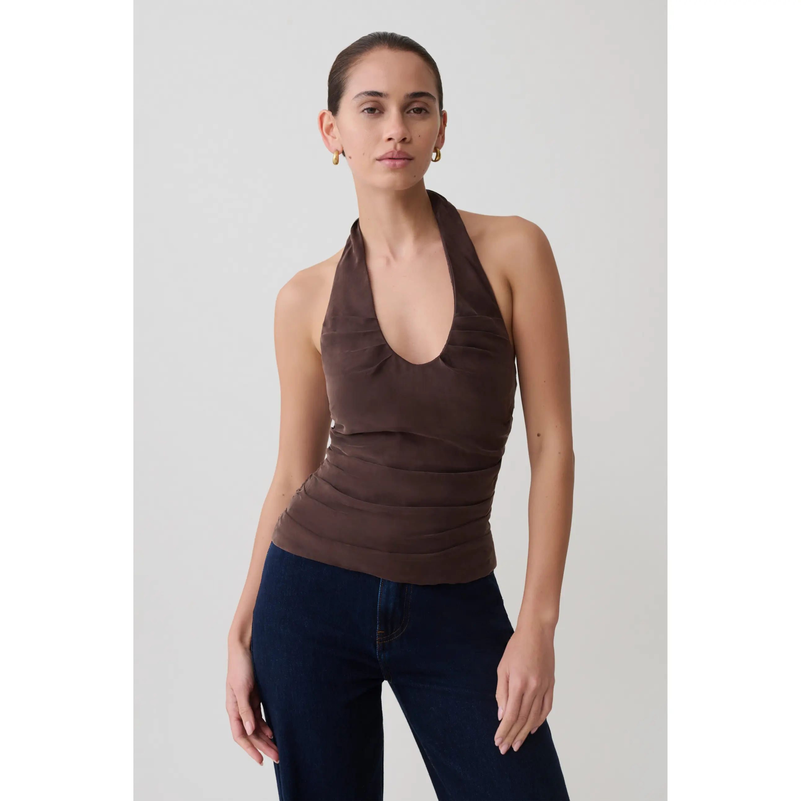 Daniela Ruched Halter Top - Dark Chocolate