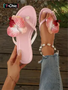 Women's Summer New Open-Toe Floral Pearl Decor Casual Sandals, Chic Summer Footwear, Simple Comfortable Daily Beach Flat Shoes, Fashionable Ankle-Height PU Leather