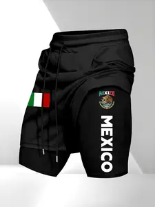 Men's Mexican Emblem Print Two-Piece Shorts, Drawstring Waist with Pockets, Summer Comfort for Gym Sports and Daily Use