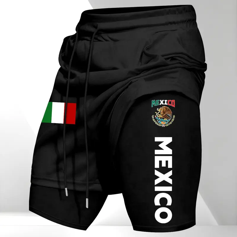 Men's Mexican Emblem Print Two-Piece Shorts Sportswear, Drawstring Waist with Pockets, Summer Comfort for Gym Sports and Daily Use