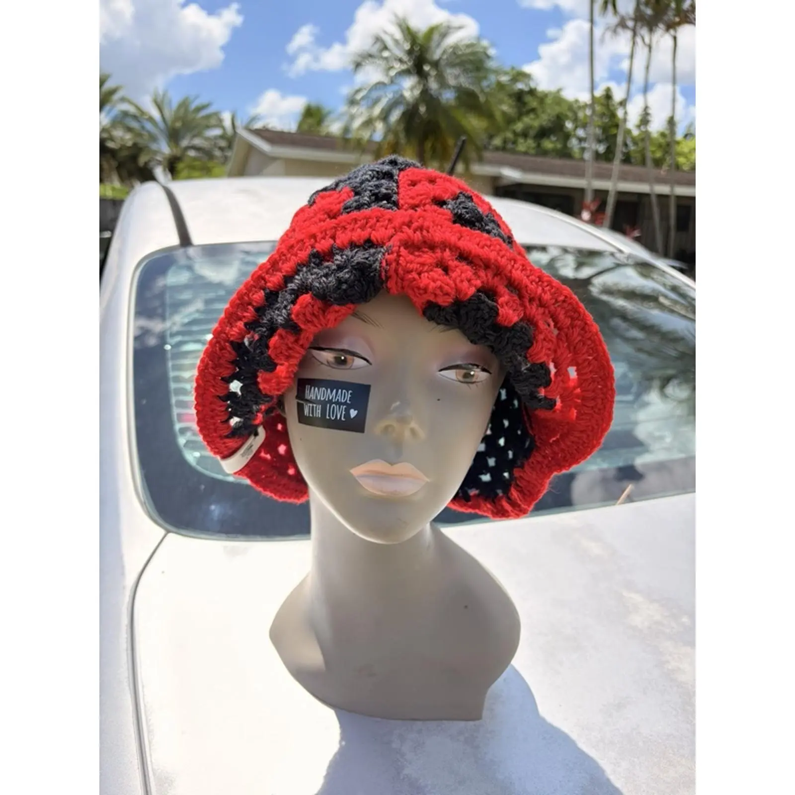 Red and Black Granny Square Crochet Hat for All Genders Handmade with Love