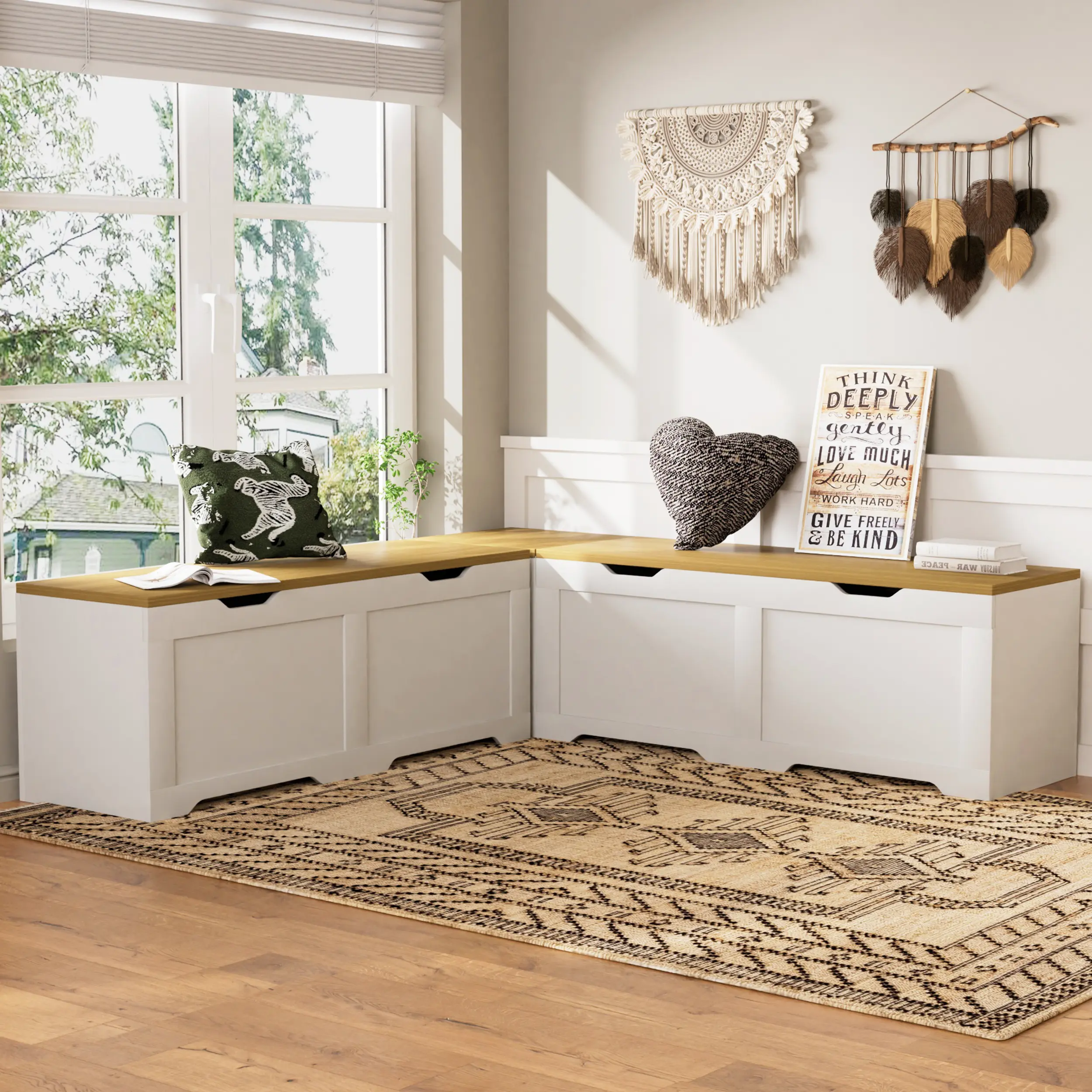 Armless Backless 3-Piece L-Shaped Modular Corner Bench with Flip Top Storage Ottoman, Detachable Thick Cushion, Sturdy High-Load Capacity Particleboard, Multi-Functional Side Storage - Entryway Living Room Furniture