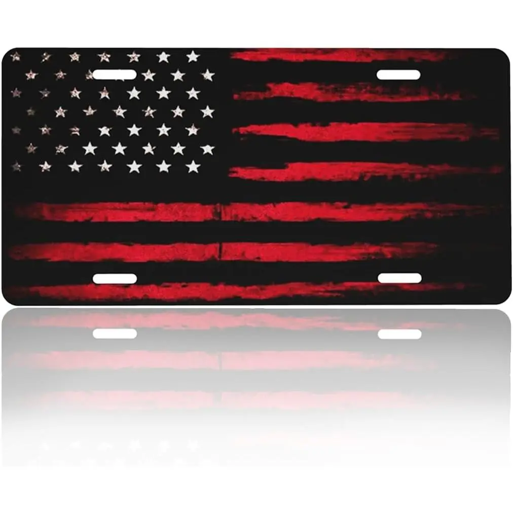 Front License Plate Cover Car Decor Accessory Aluminum Metal Rust-Proof US Car Plate Novelty Vanity Tag Cover with 4 Holes for Men Women 6 * 12 in - Black Red American Flag