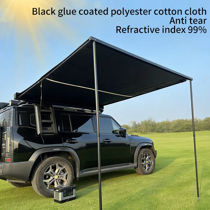 Manual Car Side Awning Sunshade Canopy - 2x2.5 m² Black-Coated Oxford, 99% UV Block Waterproof, LED Light, Aluminum Alloy Hard/Soft Shell Optional Front Panel, Retractable Shade Sail for SUV Off-Road Vehicles Outdoor Shelter