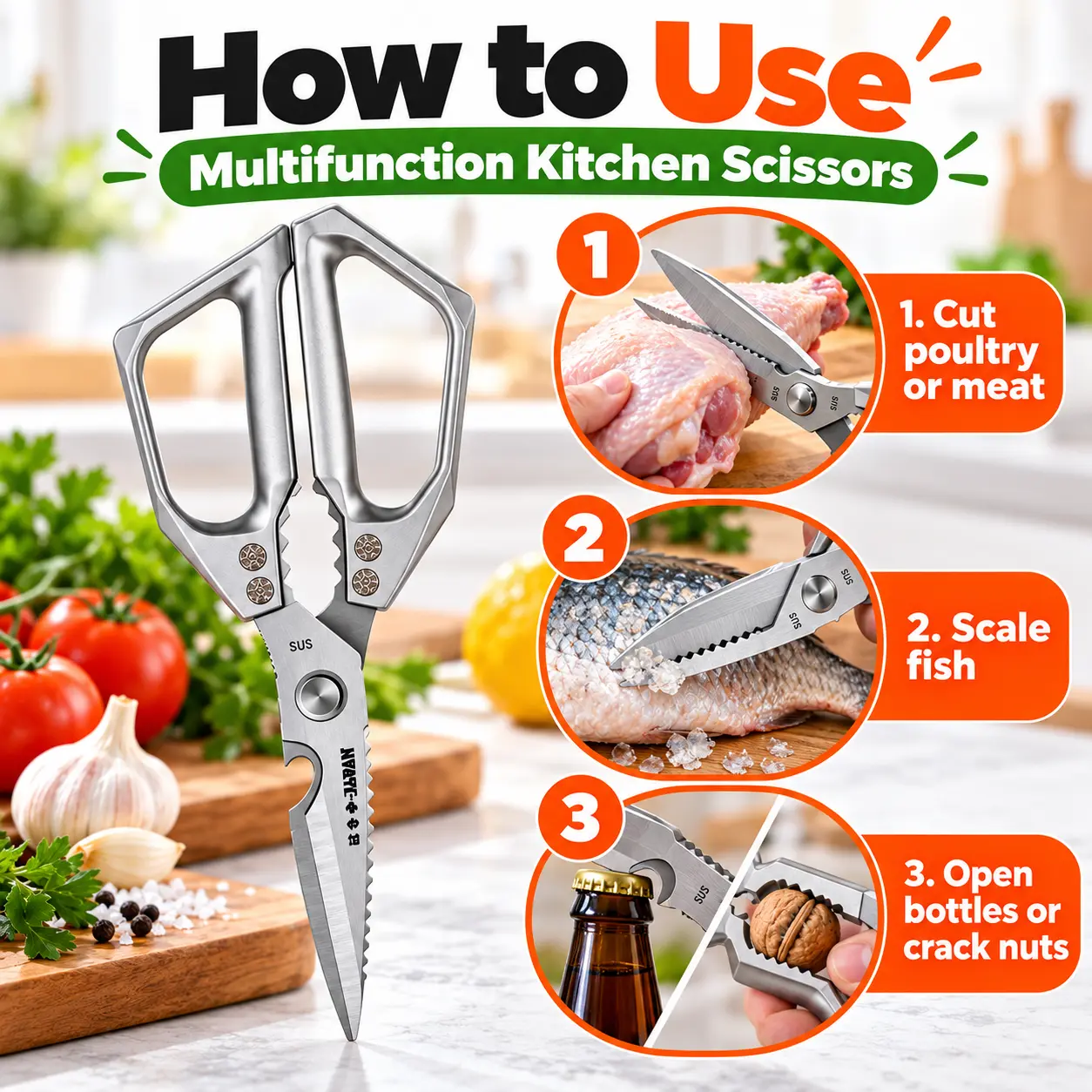 Heavy Duty Style Kitchen Shears, Multifunction Stainless Steel Cooking Scissors for Cutting Meat, Poultry and Fish, Built-In Bottle Opener, Fish Scaler and Nut Cracker