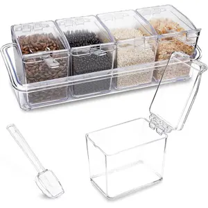 XJMWXHFC Clear Seasoning Box, 4 Pieces Seasoning Rack Spice Pots, Storage Container Condiment Jars Acrylic Seasoning Box with Covers and Spoons for Spice, Sugar, Salt, Sugar, Cardamon, Cinnamon
