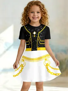 Women's Gold Chain Dress, Royal Style, Asymmetrical Design, Short Sleeve, Fitted, Casual Knee Length, All over Print, Summer Printed Dress, Girl