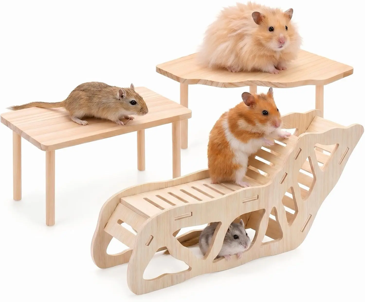 Hamster Playground Wooden Set - 3-Piece Natural Look Animal Habitat, Tunnel Incl., 2 Tables & 1 Tunnel for Hamsters, Golden Bears