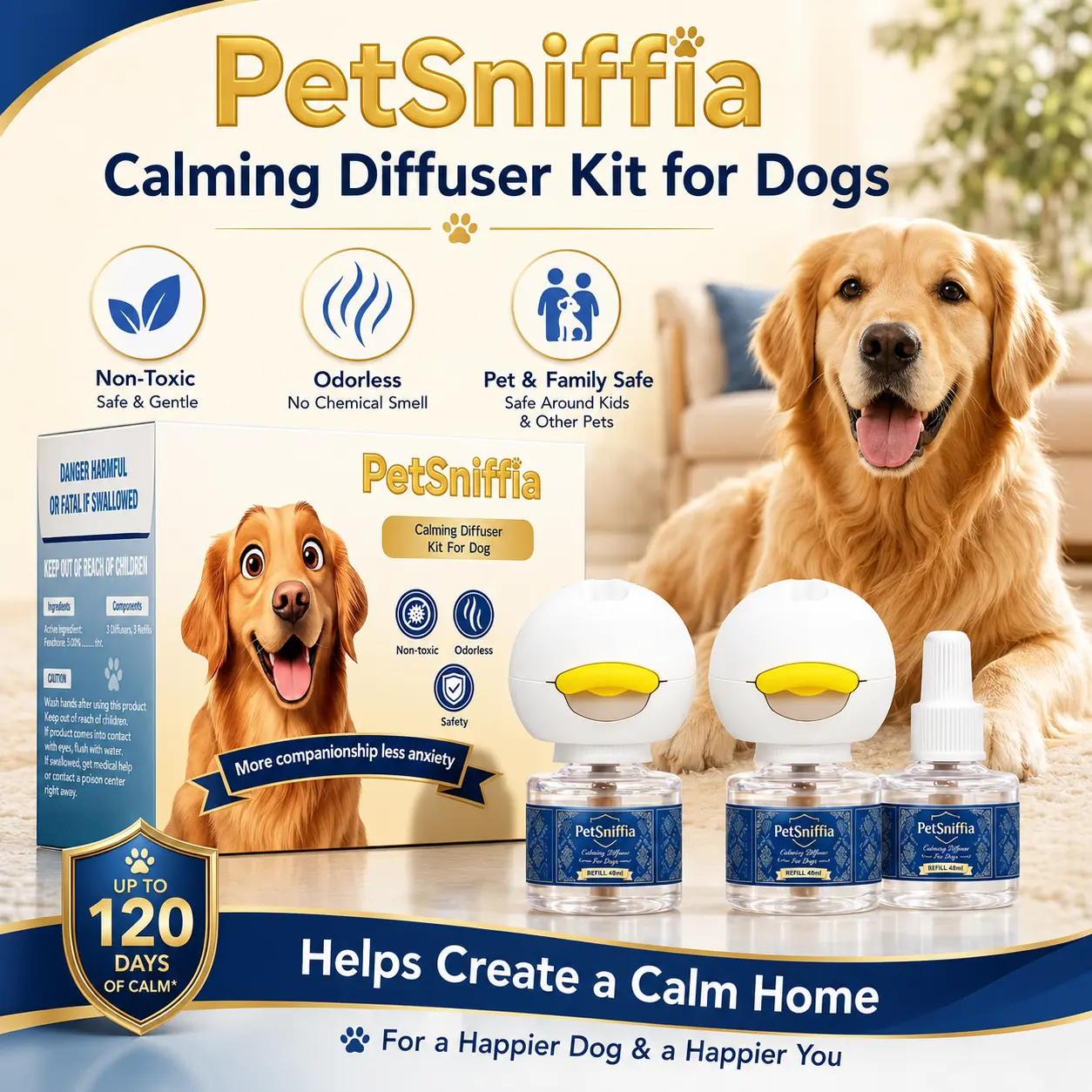 Dog Calming Pheromone Diffuser Kit, 2 Plug-In Diffusers + 4 Refills, Up to 120-Day Refill Supply for Home Use