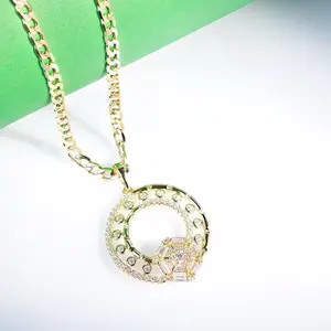 14K Gold Laminated Circle Pendant Necklace with 3mm Cuban Chain 16 18 22 Luxury Round Baguette Cut Stones Secure Clasp Closure