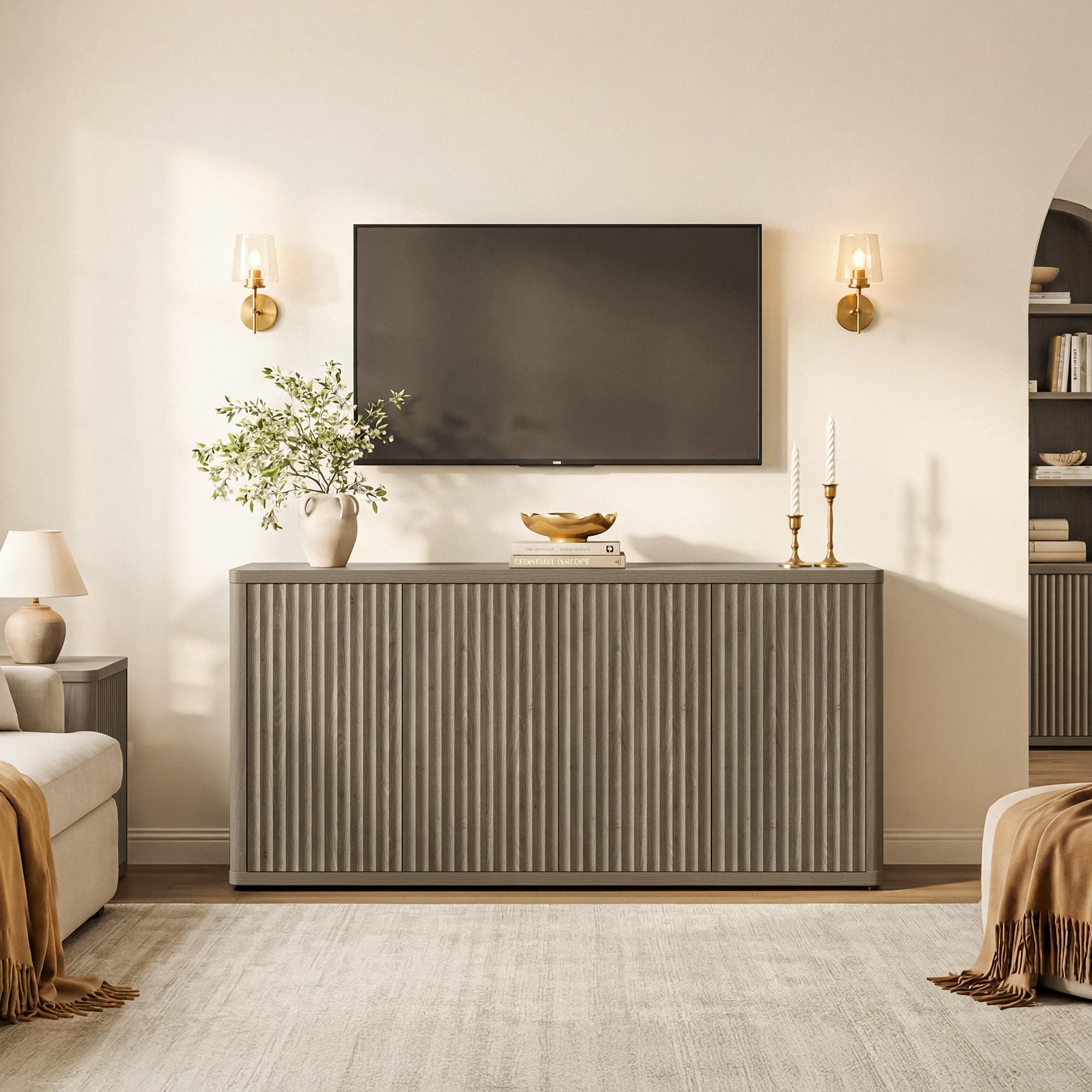 SICOTAS Modern Long Fluted TV Stand - Single Unit Media Console with Storage, Solid Base Entertainment Center for 65" TVs, Living Room Furniture, Storage Space
