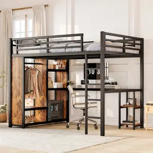 Queen Size Loft Bed Frame with Built-in Wardrobe, Metal Loft Bed with Desk and Storage Shelves, Woodgrain