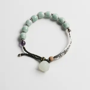 Lotus Picking - Handmade Chinoiserie Celadon & Jade Lotus Pod Adjustable Cord Bracelet | Oriental Lucky Stack Jewelry
